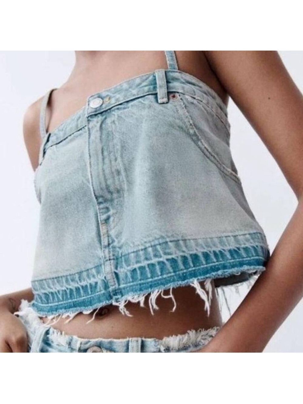 ZARA Denim Jean Cropped Top Spaghetti Strap Blue Wash  Bloggers fave XS